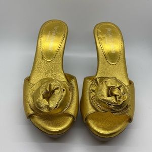 Gold Leather Rose Embellished YSL Heels